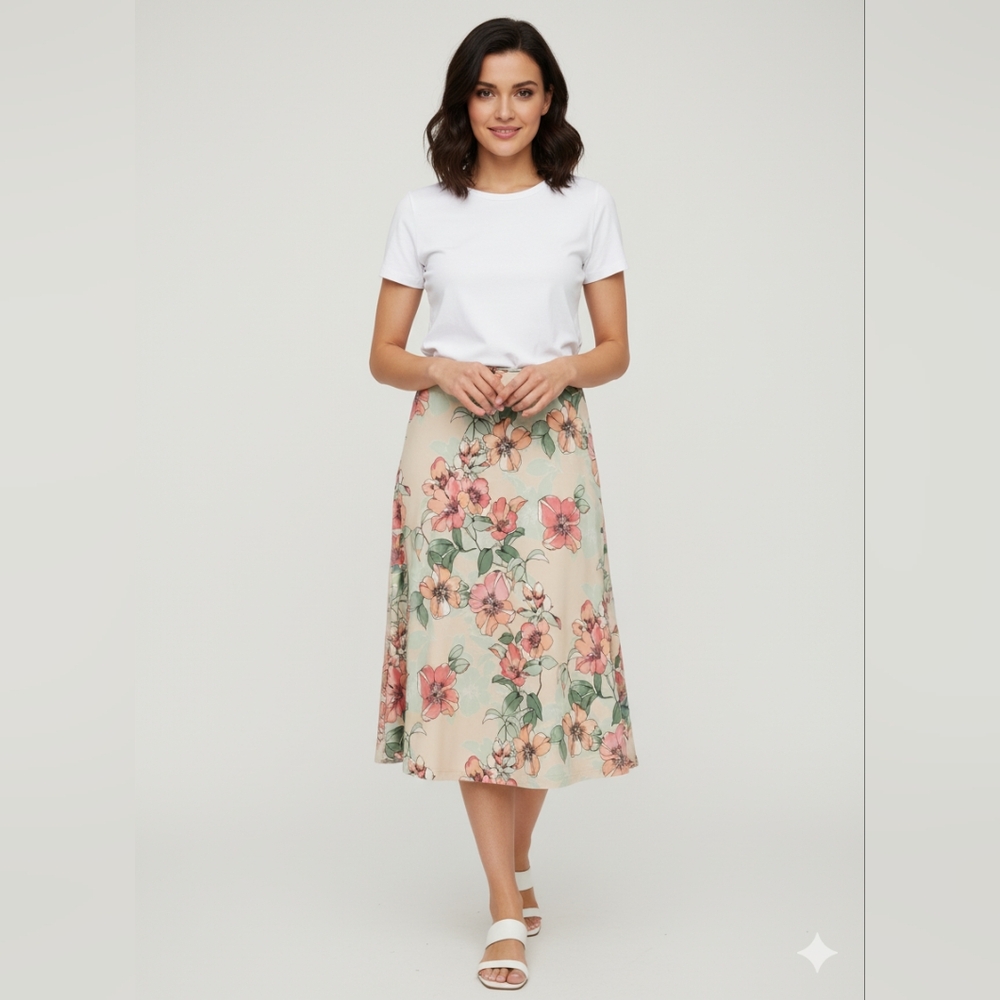 Roz & Ali Floral Midi Skirt in Cream with Pink & Green Flowers